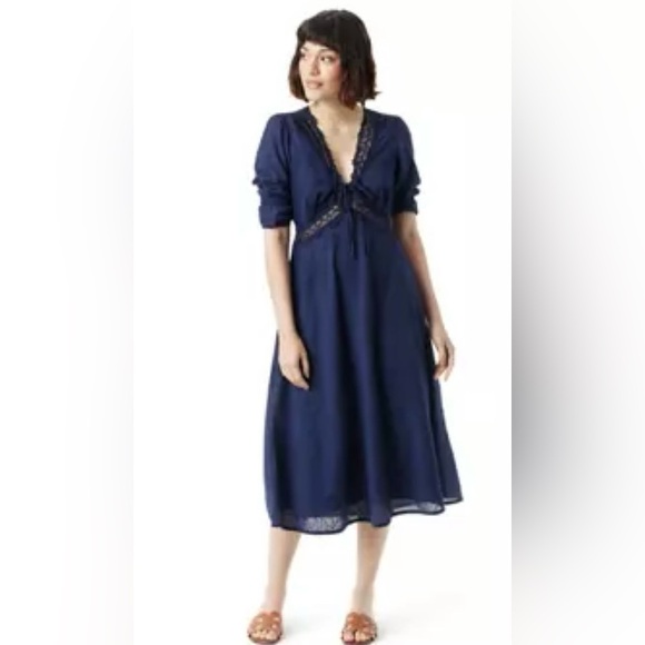 Sam Edelman Dasie Lace Detail A-Line Cotton Midi Dress in Navy Blue Size Medium - Picture 4 of 16
